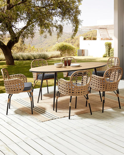 Boho set of 6 PE rattan braided garden chairs natural grey cushions Pratello - QUORE