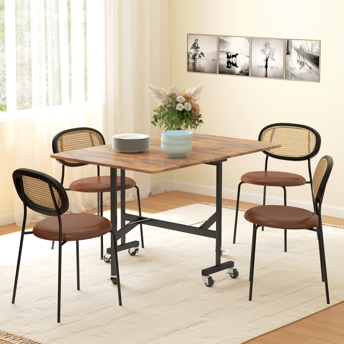 Uitschuifbare Eettafel – Inklapbare Tafel – Vouwtafel – Keukentafel – Rustiek Bruin – Ruimtebesparend Design – Met Wieltjes En Remmen
