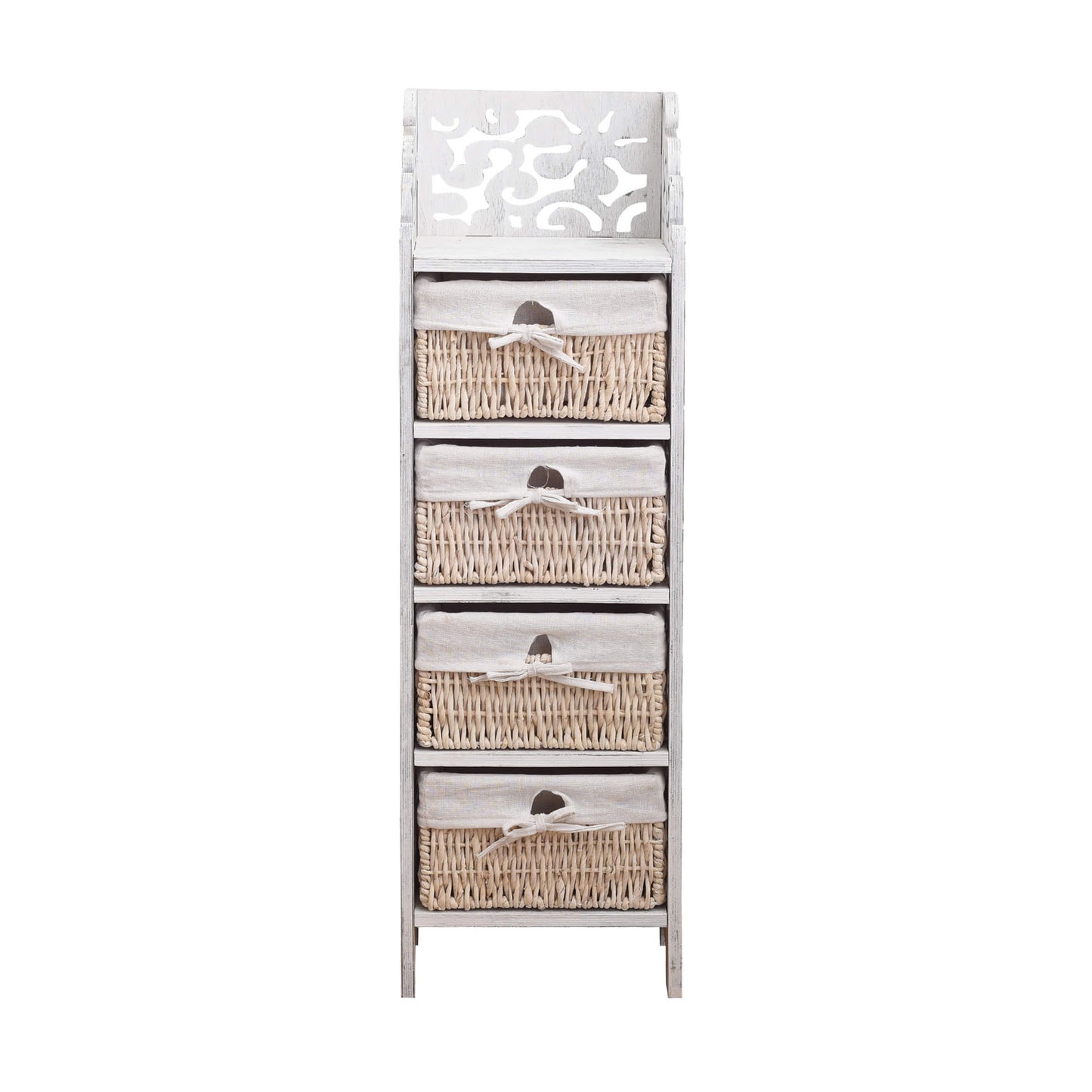 Nachtkastje – Bijzettafel – Ladekast – Opbergkastje – Kabinet – Shabby Vintage Wit – 4 Lades Met Rotan – Hout 98x29x22 cm