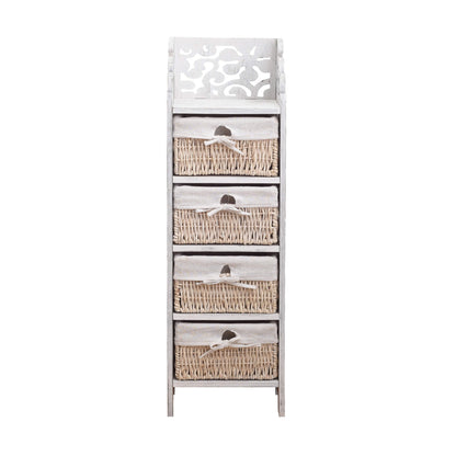 Nachtkastje – Bijzettafel – Ladekast – Opbergkastje – Kabinet – Shabby Vintage Wit – 4 Lades Met Rotan – Hout 98x29x22 cm