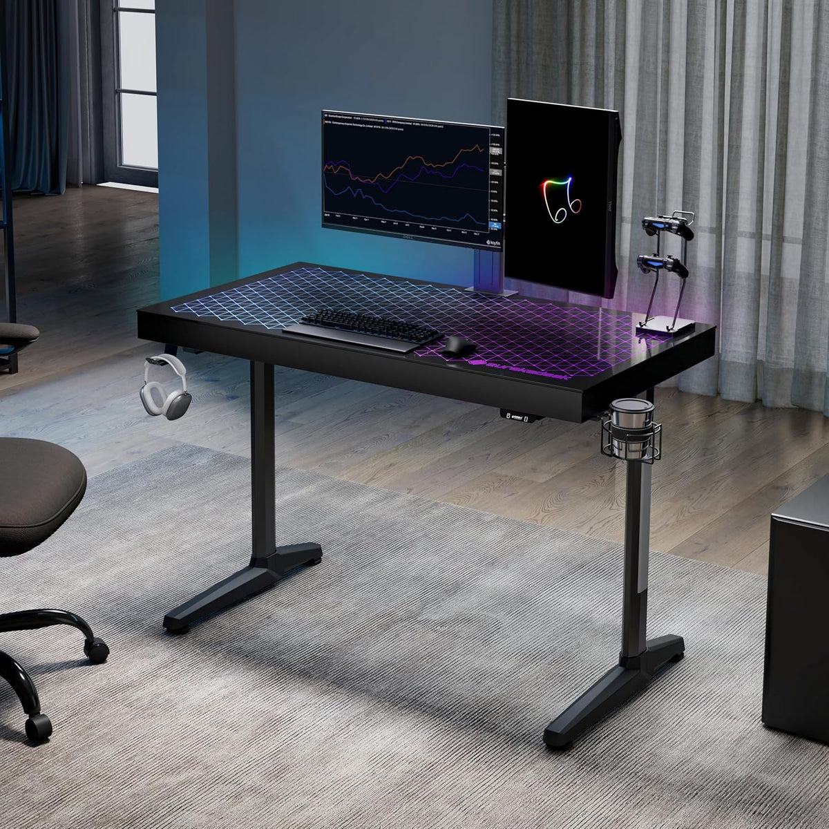 EUREKA ERGONOMIC Glazen gamingtafel met RGB 110 x 60 cm gaming bureau glas gamer PC computertafel met muzieksynchronisatie, app-bediening, hoofdtelefoonhaak, bekerhouder