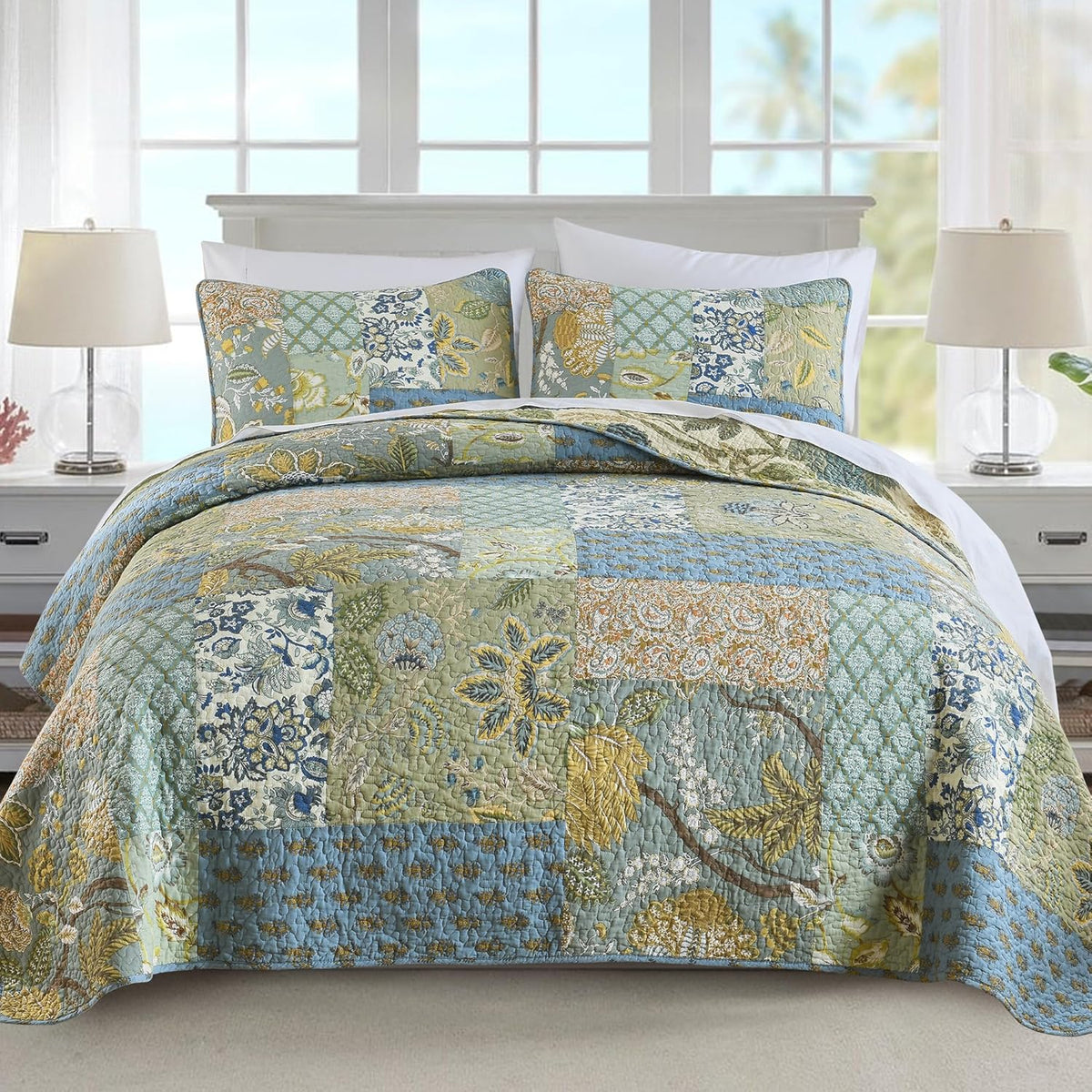 NEWLAKE Bedsprei Quilt Set met Echt gestikt Borduurwerk, Boheemse Bloemen Patroon, King Size