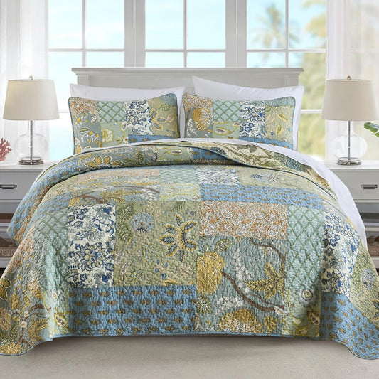 NEWLAKE Bedsprei Quilt Set met Echt gestikt Borduurwerk, Boheemse Bloemen Patroon, King Size