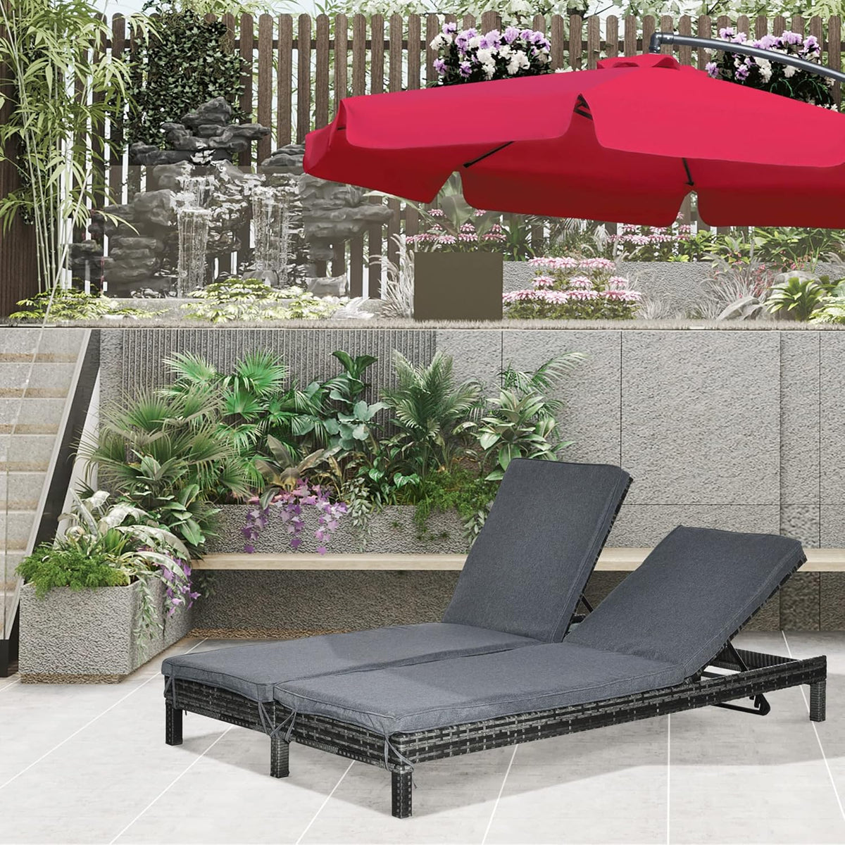 Outsunny Outdoor Lounger, Double Lounger Relax Sofa for 2 Persons, Luxury Lounge Set, Backrest with 5 Positions, Metal, PE Rattan, Grey, 195 x 120 x 28 cm - QUORE