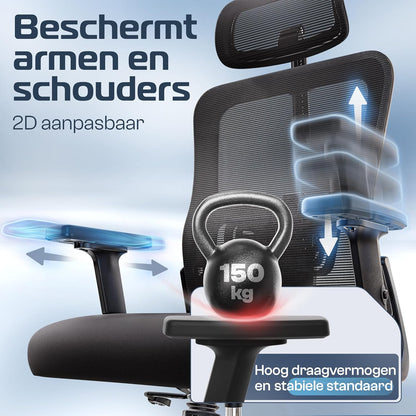 Bureaustoel – Kantoorstoel – Gamestoel – Computerstoel – Office Chair – Ergonomisch Ontwerp – Ademend Mesh Materiaal – Verstelbare Armleuningen – Max. 150 kg