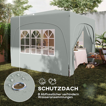 Outsunny Pavillon 3x3m, wasserabweisend Stabil Winterfest Pop-up Faltpavillon, UV Schutz 50+, Faltbar Partyzelt Gartenzelt mit 4 Seitenteilen Tasche Gartenpavillon für Camping Garten, Hellgrau - QUORE