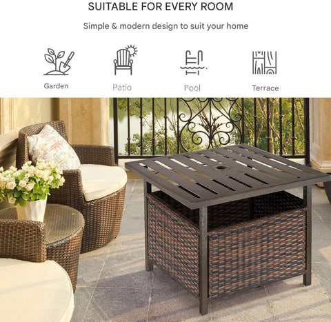 Tuintafel - Tuintafel Rechthoekig - Bijzettafeltje - Rattan Bijzettafel - Bistrotafel - Salontafel - met Parasolgat - Metalen Frame - voor Terras - Tuin - 55.5 x 55.5 x 46 cm - Bruin