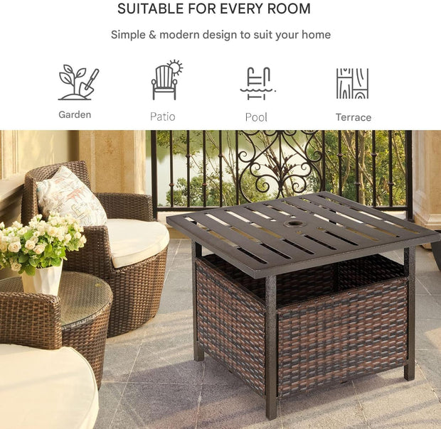 Tuintafel - Tuintafel Rechthoekig - Bijzettafeltje - Rattan Bijzettafel - Bistrotafel - Salontafel - met Parasolgat - Metalen Frame - voor Terras - Tuin - 55.5 x 55.5 x 46 cm - Bruin
