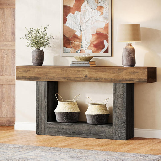 Tribesigns Console Table, Entrance Table, Coffee Table with Storage, Wooden Table Behind Sofa, for Living Room and Entrance, Country, 2 Levels, 160 cm, Rustic Brown and Grey