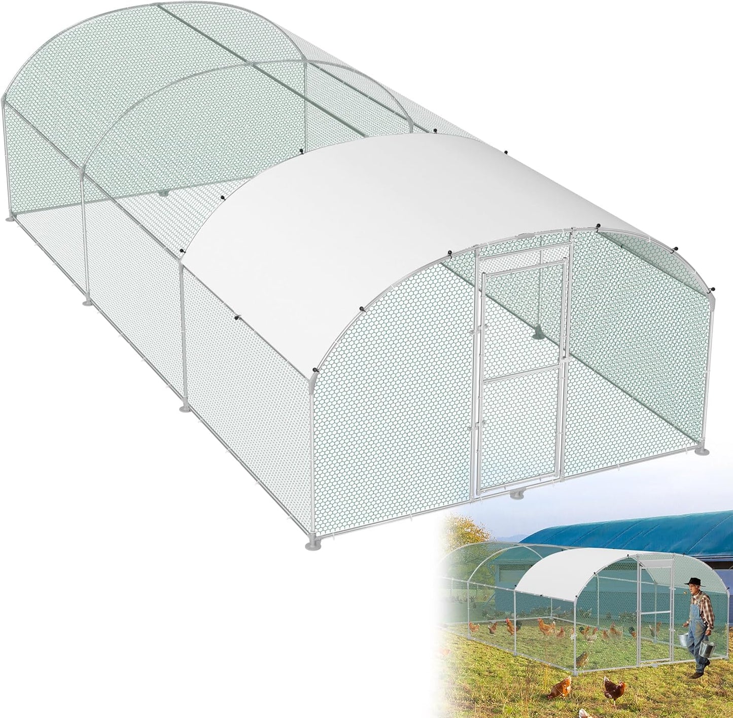 Kippenhok – Kippenren – Vogelkooi – Pluimveehok – Konijnenhok – Verzinkt Stalen Frame – UV-Bestendig PE Dak – 300 x 600 x 185 cm – Veilig Met Kliksluiting