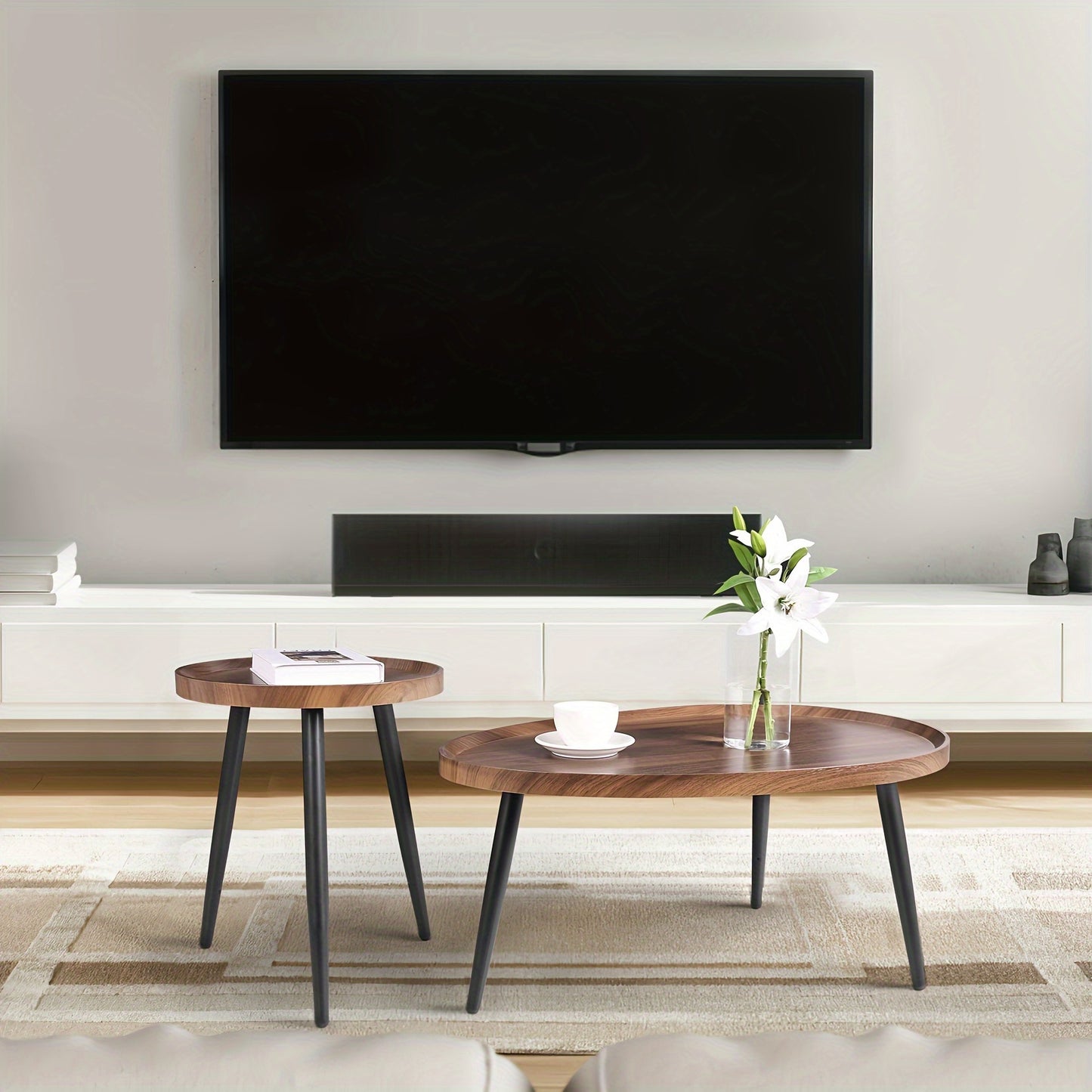 Bijzettafel – Salontafel – Side Table – Nachtkastje – Banktafel – Set van 2 – Industrieel Design – Walnootkleurig Tafelblad Met Zwart Metalen Onderstel