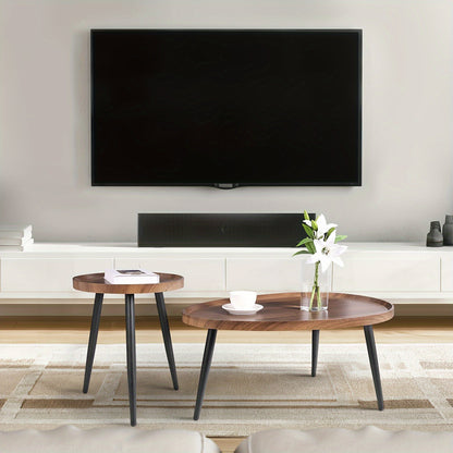 Bijzettafel – Salontafel – Side Table – Nachtkastje – Banktafel – Set van 2 – Industrieel Design – Walnootkleurig Tafelblad Met Zwart Metalen Onderstel