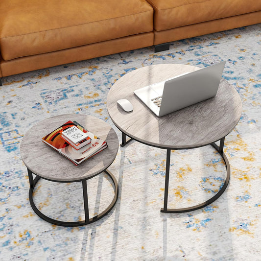Ronde salontafel, set van 2 bijzettafels, salontafels voor woonkamer/slaapkamer/kleine ruimte, nesttafels met metalen frame, eenvoudige montage, grijs