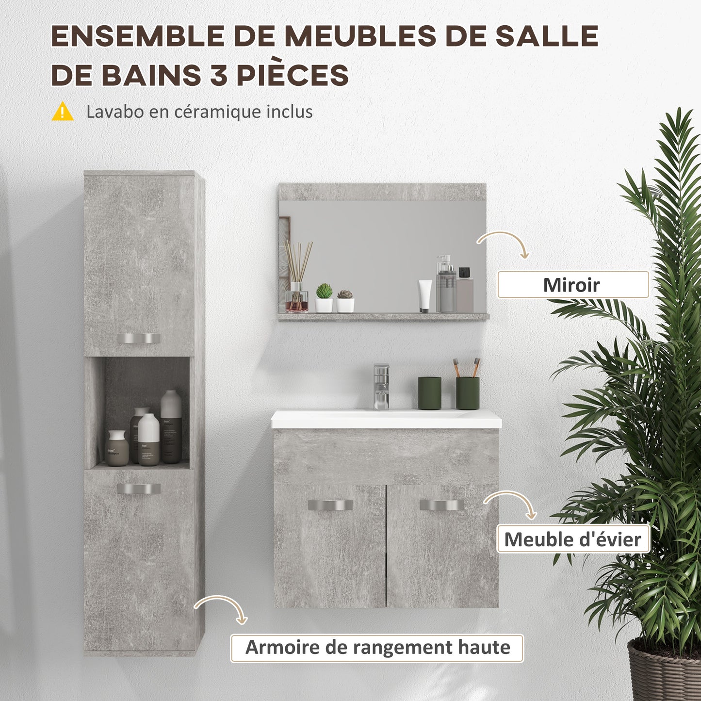 Badkamermeubelset – Badkamerkast – Wastafelmeubel – Spiegelkast – Kolomkast – Hangend Ontwerp – MDF Hardhout Afwerking – Grijs