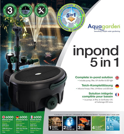 Aquagarden Inpond 6000, vijver- en waterpomp, filter, UV zuiveraar, LED spot en fontein, complete oplossing voor een schone, heldere en mooie vijver, voor vijvers tot 6000 liter, zwart