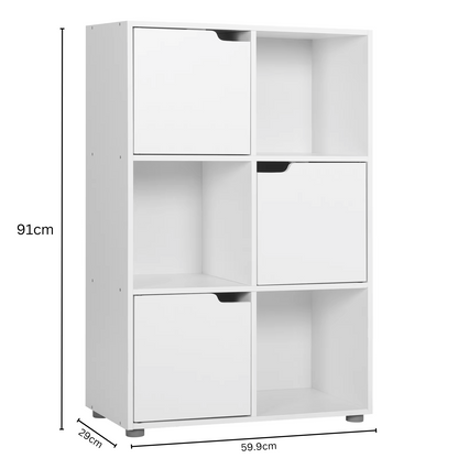 Boekenkasten - Boekenplanken - Boekenkasten Hout – Vrijstaand Wandrek met 6 Vakken & Deuren – Opbergkast voor Boeken - Dossiers - Decoratie – Geschikt voor Woonkamer - Slaapkamer - Kantoor – 59,7x29,7x91cm - Wit