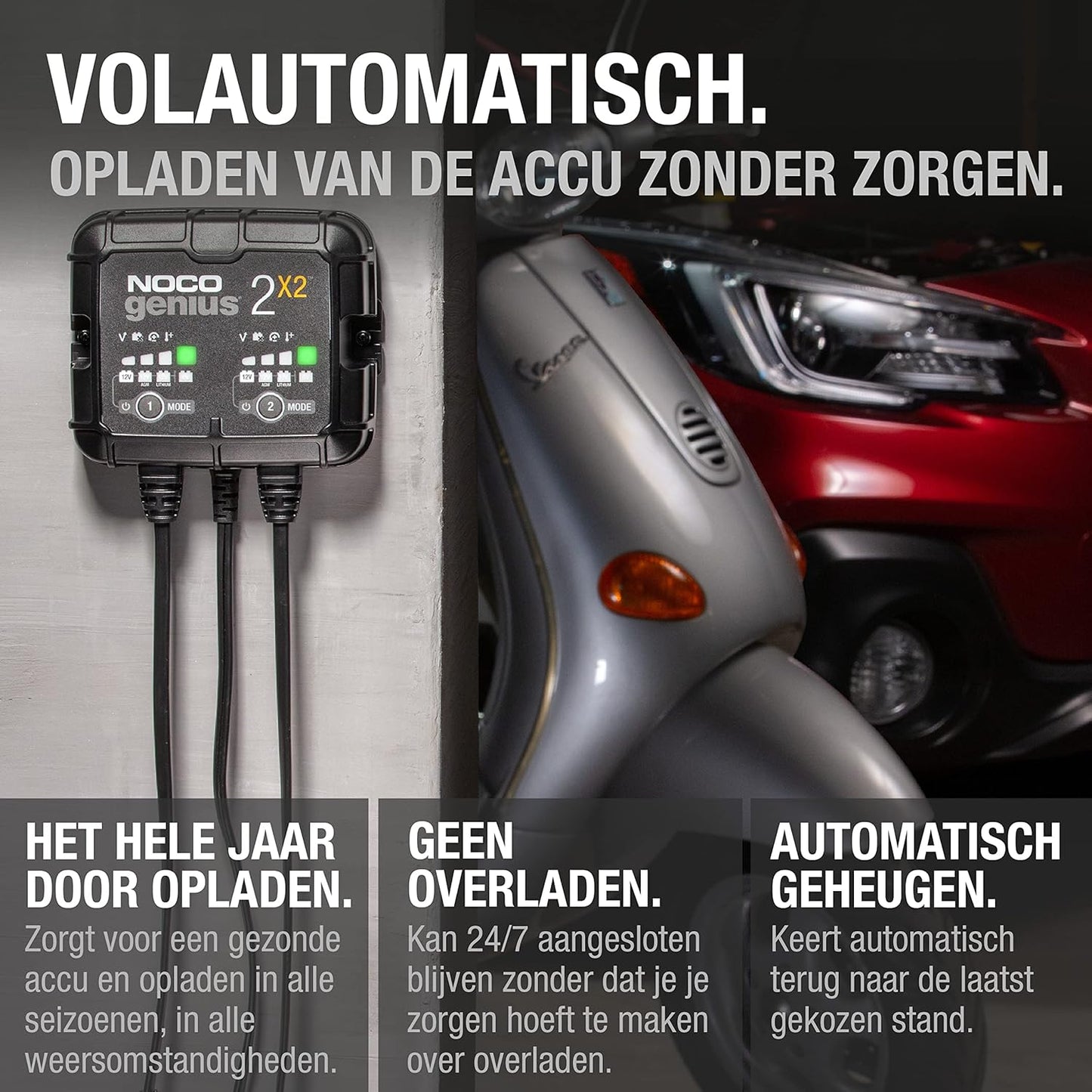 NOCO GENIUS2X2, 4A 2-Bank Automatische Oplader (2A per Bank), 6V en 12V Batterijlader, AGM, SLA, Gel en Lithium Auto-Acculader, Onderhoudslader, Druppellader en Desulfator - Auto, Motorfiets, ATV, RV