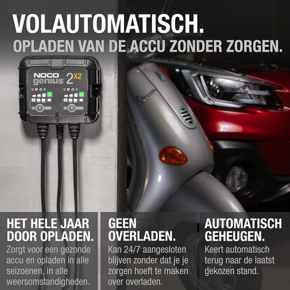 NOCO GENIUS2X2, 4A 2-Bank Automatische Oplader (2A per Bank), 6V en 12V Batterijlader, AGM, SLA, Gel en Lithium Auto-Acculader, Onderhoudslader, Druppellader en Desulfator - Auto, Motorfiets, ATV, RV