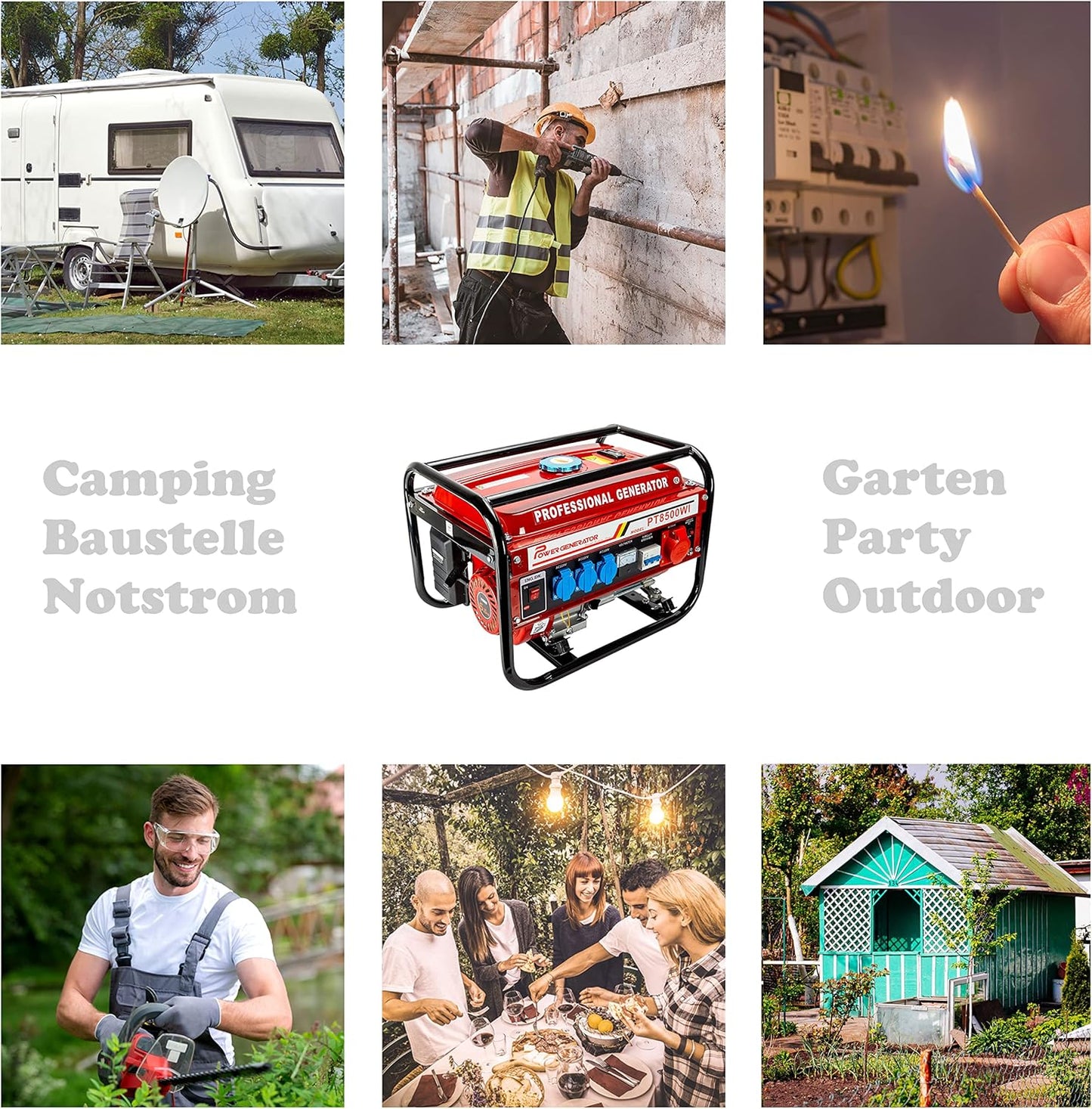 Petrol power generator, power generator with accessories, silent emergency generator, 5 sockets, 3 x 230 V, 1 x 400 V, 1 x 12 V, 6.5 hp (power generator with pull starter) - QUORE