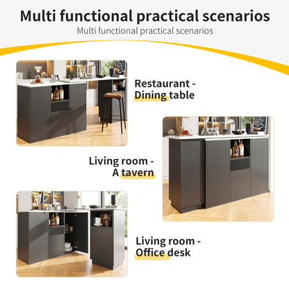 Bartafel – Barkruk Tafel – Keukentafel – Barmeubel – Zwart MDF Design – 360° Draaibaar – 210x30x100,9 cm – Marmerlook Werkblad – Ruime Opbergruimte