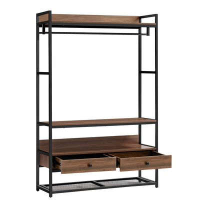 Garderobestand – Kledingrek – Kapstok – Schoenenrek – Opbergmeubel – Metalen Frame – Walnoot Look – 4 Planken – 2 Lades – 180x120x40 cm