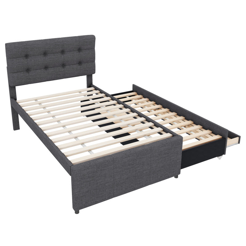 Bedombouw – Familiebed – Uitschuifbed – Opbergbed – Gestoffeerd Bed – 90x200 cm Slaapoppervlak – 3 Grote Lades – Verstelbaar Hoofdbord – Grijze Linnenstof