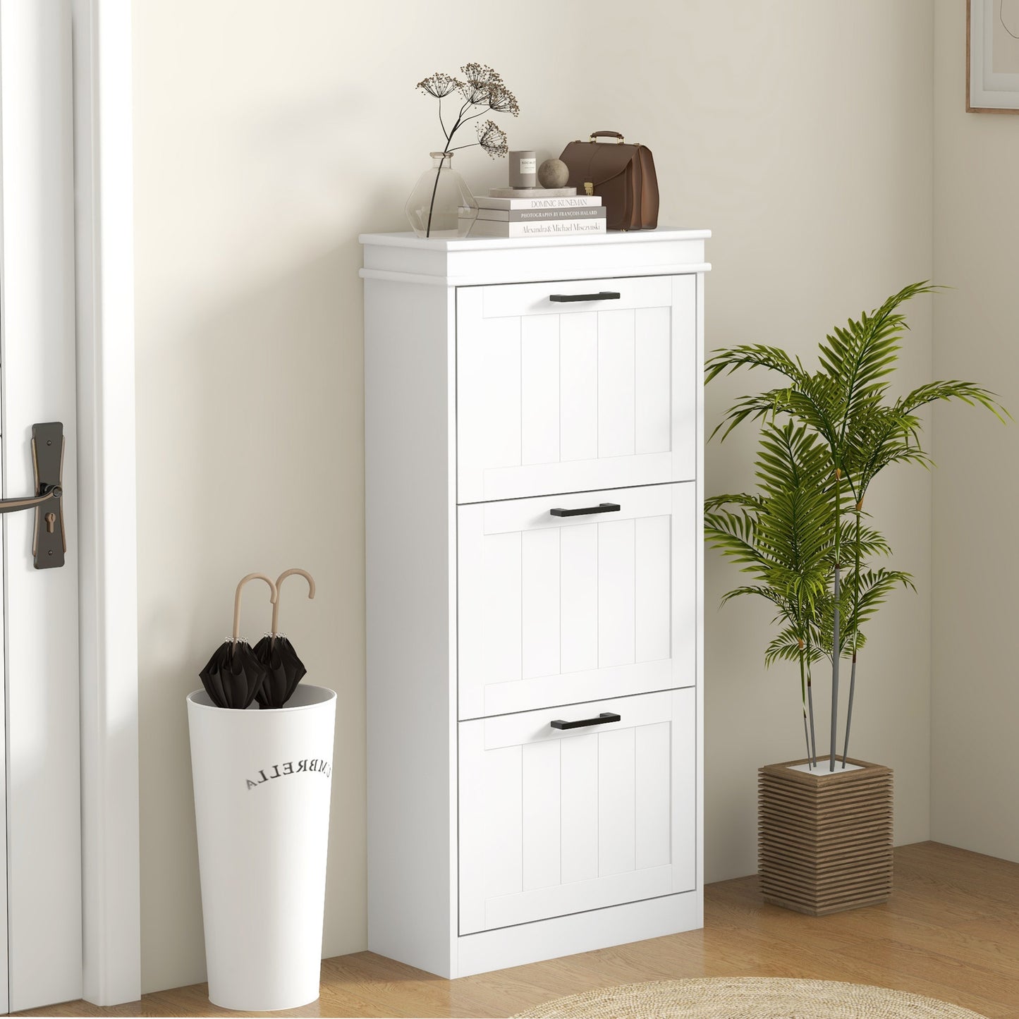 Schoenenkast – Schoenenrek – Schoenenopberger – Schoenenbank – Halmeubel – 3 Deuren – Verstelbare Planken – Wit – Compact – MDF