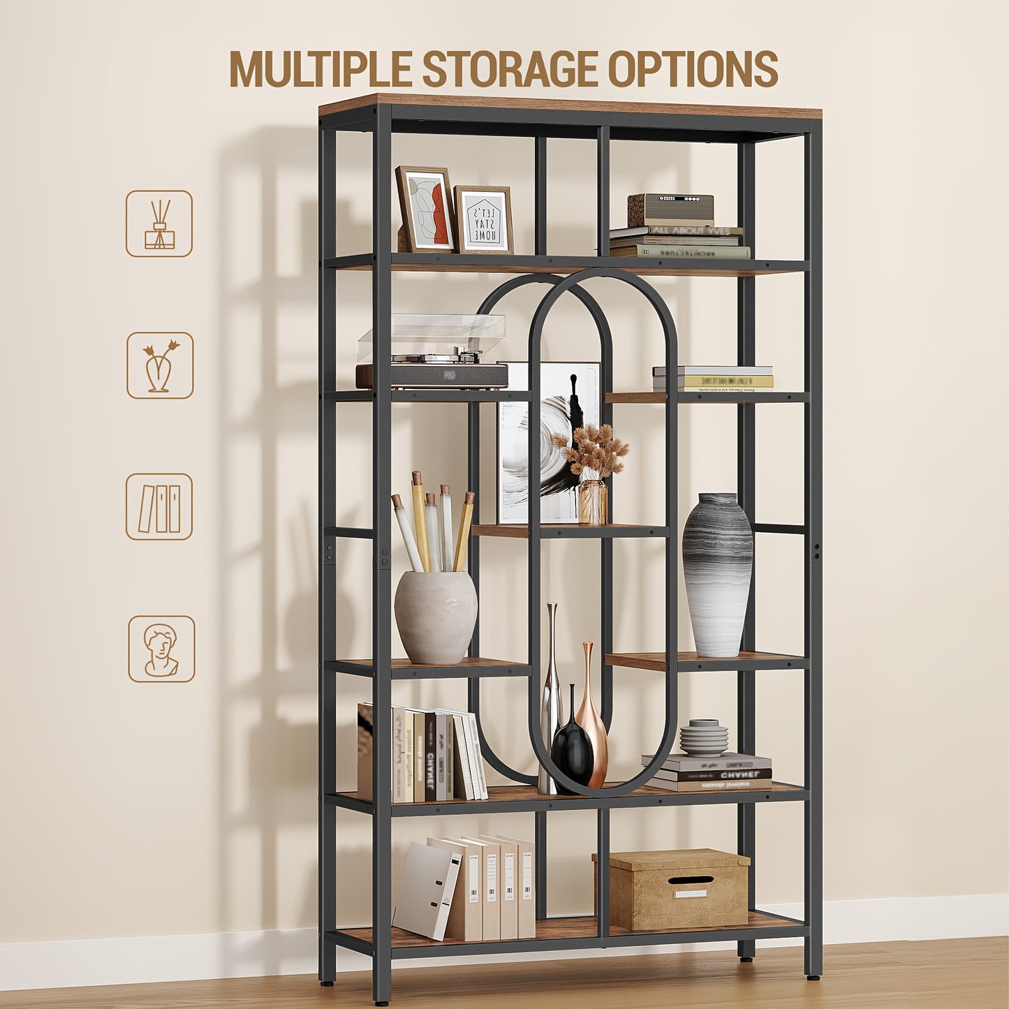 Boekenkast – Vakkenkast – Staande Plank – Roomdivider – Opbergkast – Vintage Bruin-Zwart – 7 Lagen Met 9 Planken – Stevig Stalen Frame 30x100x180 cm