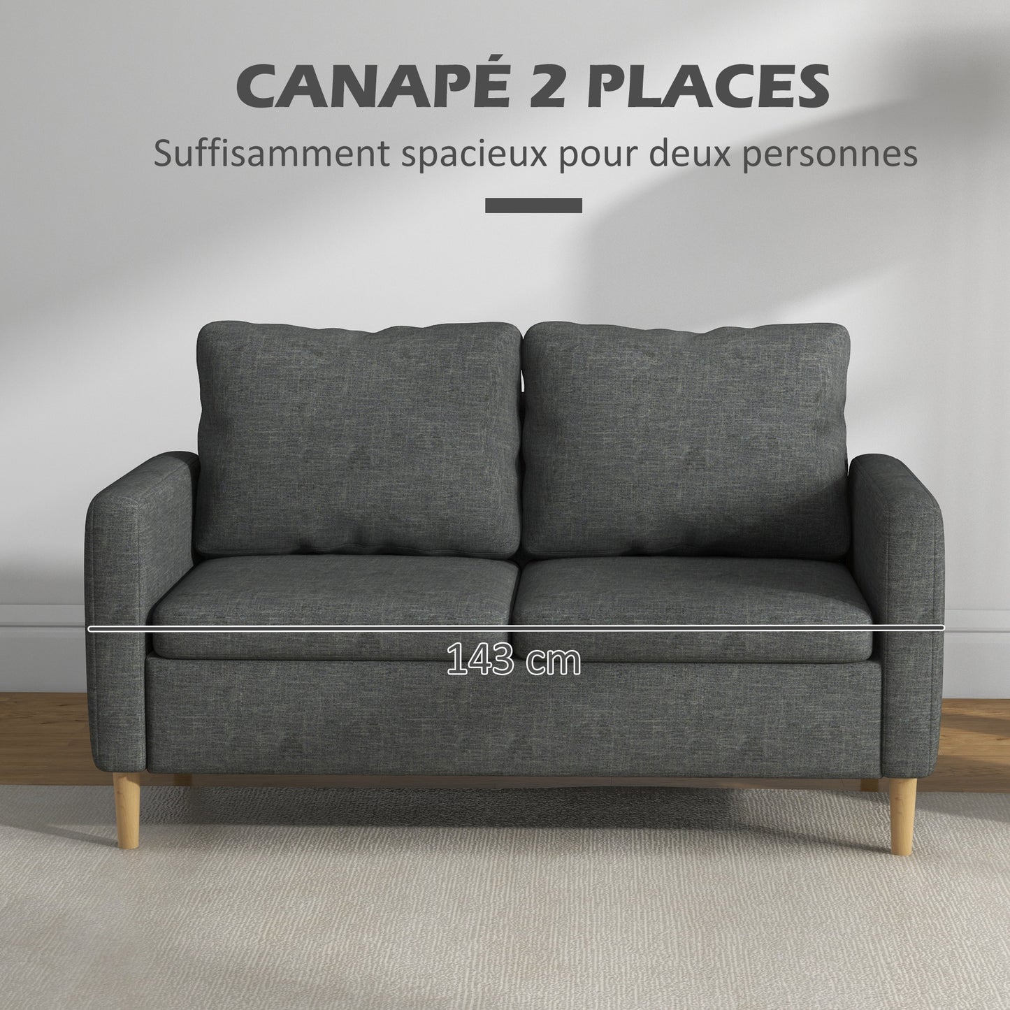 Bankstel – 2-Zitsbank – Zitbank – Sofa – Loveseat – Scandinavisch Design – Grijze Linnenlook Stof – Met Opbergvakjes Armleuningen – Massief Beukenhouten Poten