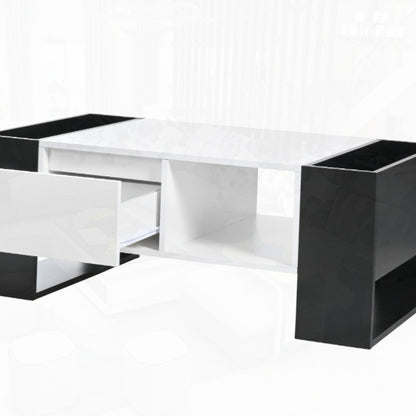 Salontafel – Koffietafel – Woonkamertafel – Tafeltje – Bijzettafel – Modern Design – Hoogglans Zwart – Metaal – Opberglade – 105x60x40,5 cm