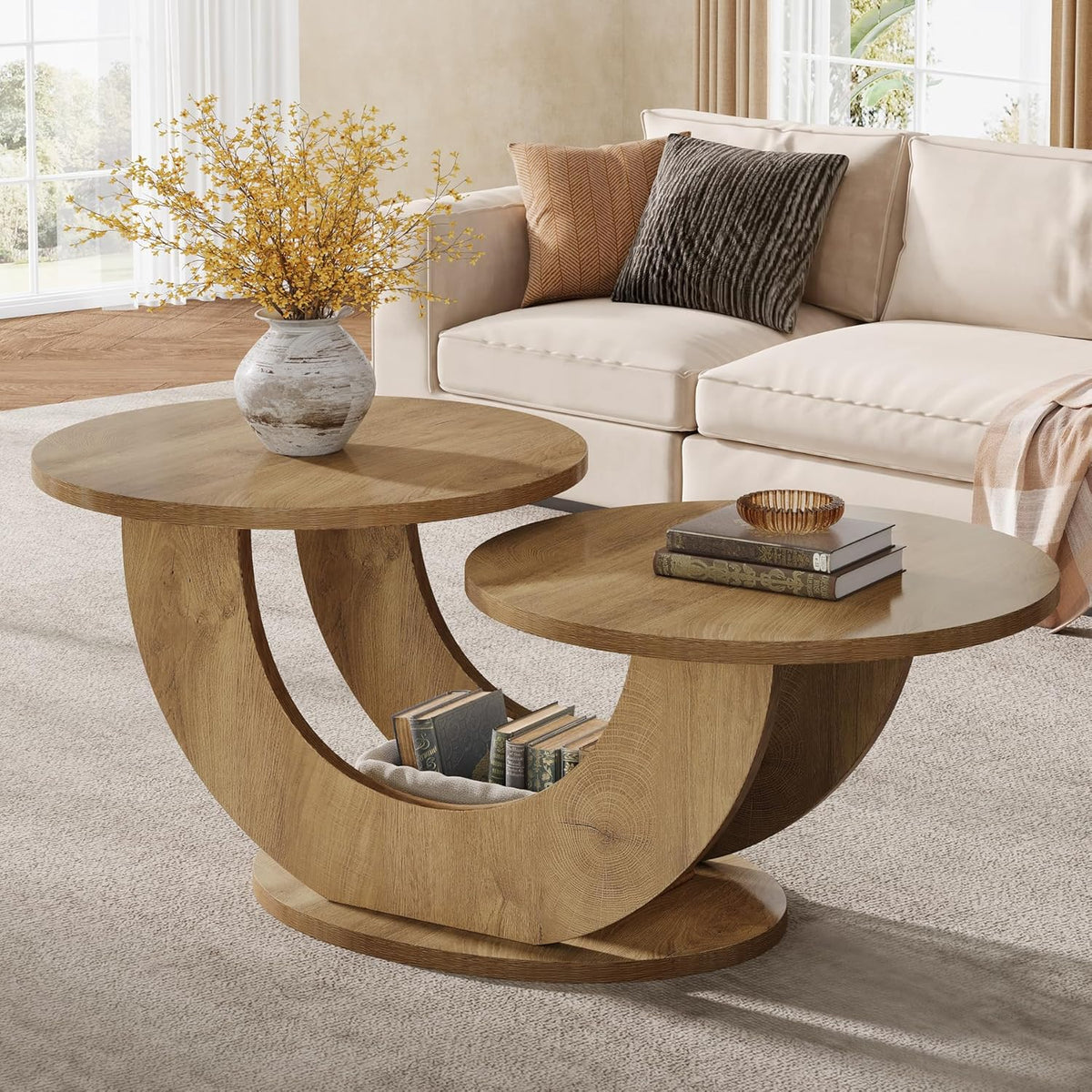 Tribesigns Round Side Table, 118cm, Modern Living Room Coffee Table with Funky U-Shaped Frame, Low Accent Tea Table for Home, Home, Oak
