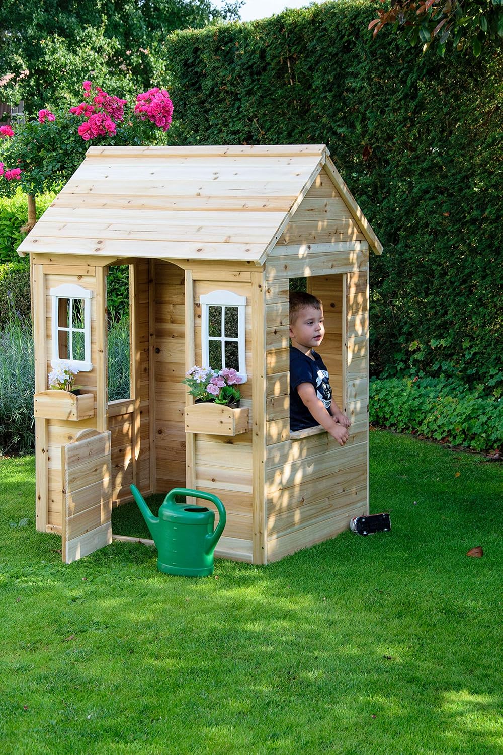 dobar® 94810FSCe Speelhuis met bloembakken, outdoorhuis voor kinderen, 1,10 m hoog, tuinspeelhuis van massief hout, weerbestendig kinderhuis met ramen, 107 x 92 x 144,5 cm, naturel