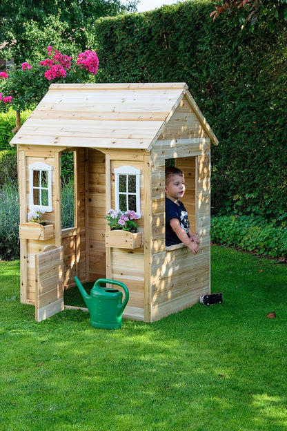 dobar® 94810FSCe Speelhuis met bloembakken, outdoorhuis voor kinderen, 1,10 m hoog, tuinspeelhuis van massief hout, weerbestendig kinderhuis met ramen, 107 x 92 x 144,5 cm, naturel