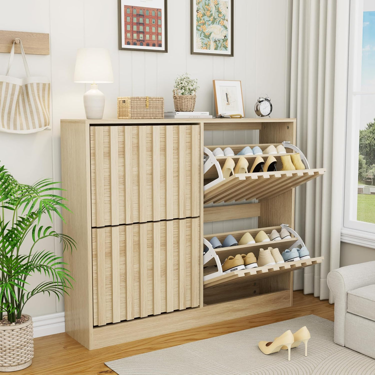 Schoenenkast – Schoenenopberger – Schoenentil – Opbergkast – Halmeubel – Verstelbare Plank – Natuurlijke MDF Afwerking – 102 x 24 x 86,5 cm