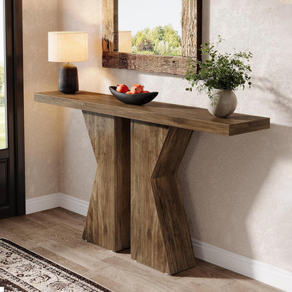 Tribesigns Farm Entrance, 55.12 Inch Console Table Behind Sofa Wooden Bench Table, Narrow Corridor Table, Foyer Entrance Table with K-Shaped Frame for Entrance, Living Room, Rustic Brown