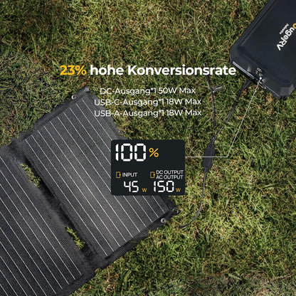 BougeRV 50 W ETFT opvouwbaar zonnepaneel, glasvezel 270 graden, 0,8 kg, zonnepaneel met DC/USB-C/USB-A-uitgangen, draagbaar zonnepaneel met karabijnhaak, compatibel met mobiele telefoon, tablet, klein