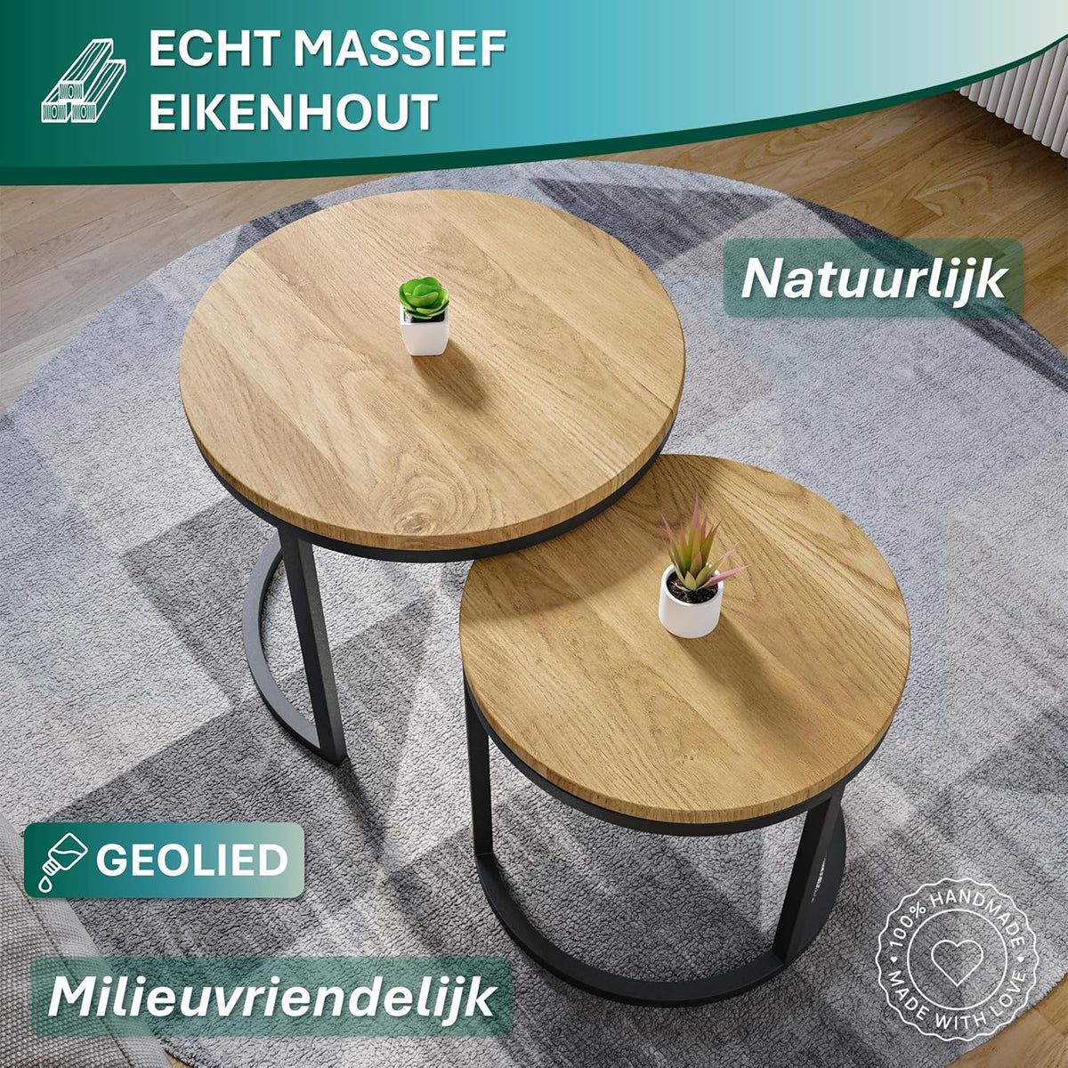 Modena, Set of 2 Coffee Tables, Solid Natural Oak and Steel, Handmade in Europe, Side Table, Coffee Table, Coffee Table, Black, Round, Ø50x43 cm Ø40x38 cm - QUORE