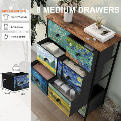 VEDECASA Smalle commode voor slaapkamer, hoge commode met 8 laden, Van Gogh lade-eenheid voor kinderkamer, woonkamer, hal, slaapkamer, kantoor, metalen frame, houten plaat, commode