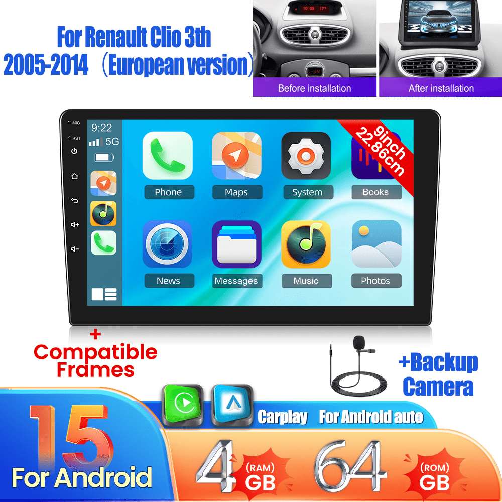 Android 15 Autoradio Renault Clio 3 – Multimedia Systeem – Navigatie Radio – Touchscreen Unit – CarPlay Android Auto – 9 Inch Scherm – 4GB RAM 64GB Opslag – AHD Achteruitrijcamera Inclusief Microfoon