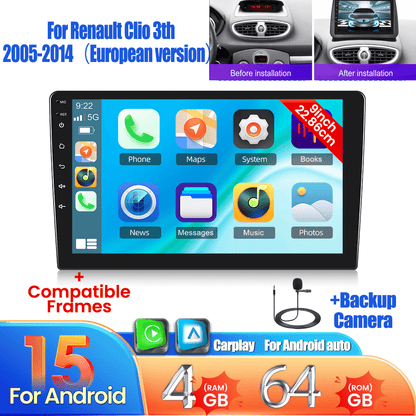 Android 15 Autoradio Renault Clio 3 – Multimedia Systeem – Navigatie Radio – Touchscreen Unit – CarPlay Android Auto – 9 Inch Scherm – 4GB RAM 64GB Opslag – AHD Achteruitrijcamera Inclusief Microfoon