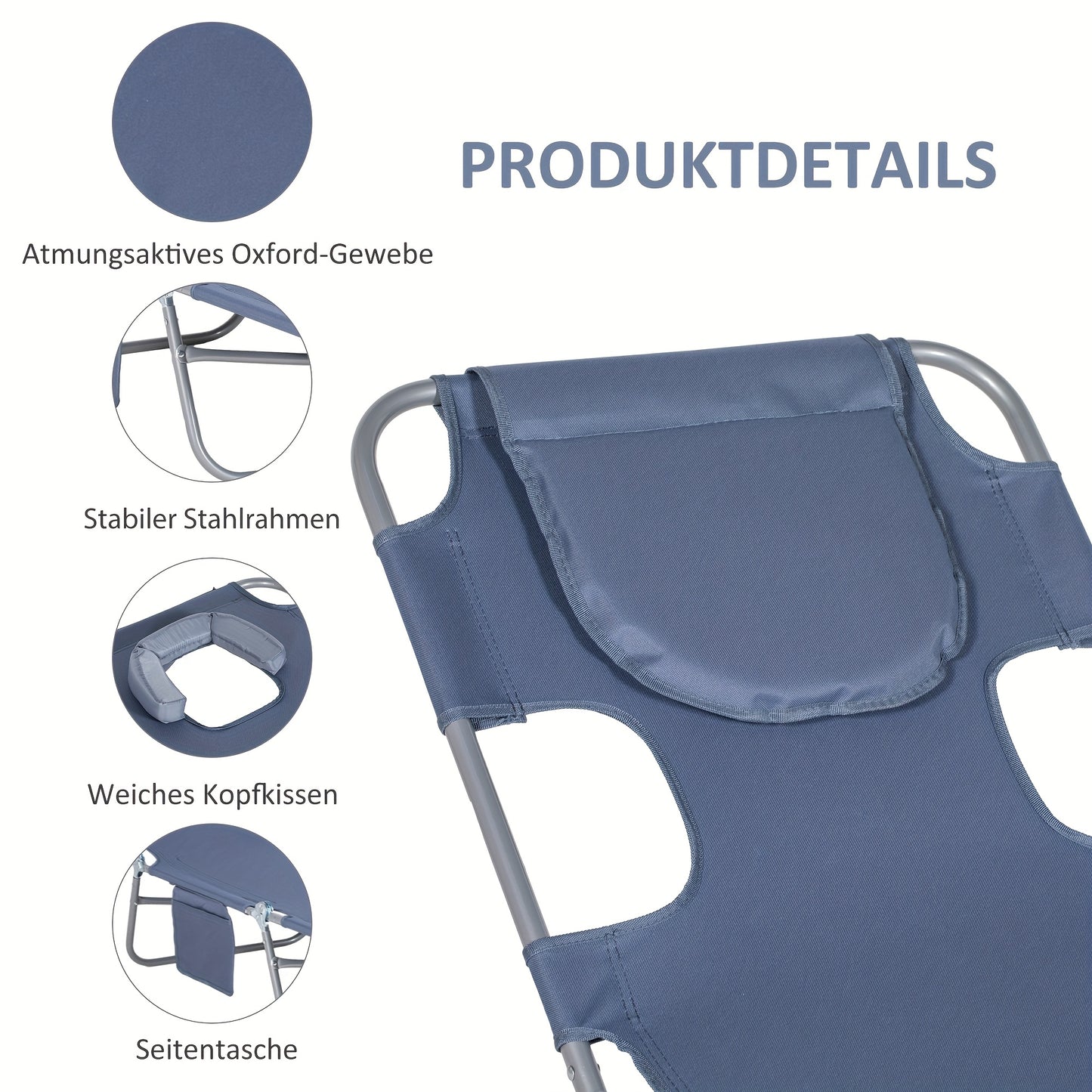 Campingbed – Ligbed – Outdoorbed – Kampeerbed – Klapbed – Verstelbare Rugleuning 5-standen – Inclusief Zonnekap – Max Belasting 120 kg – Grijs