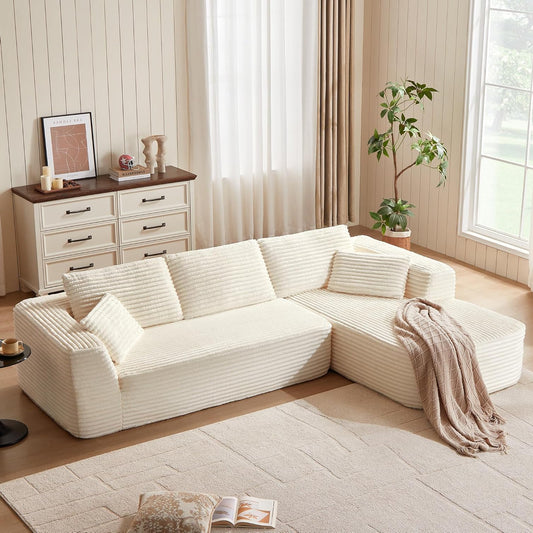 LINSY HOME Corner Sofa with Sleeping Function, Corduroy Modular Sofa Bed, 270 cm, L-Shaped Sofa, 3 Seater with Footstool, Sectional Sofa for Living Room, No Assembly Required, Beige - QUORE