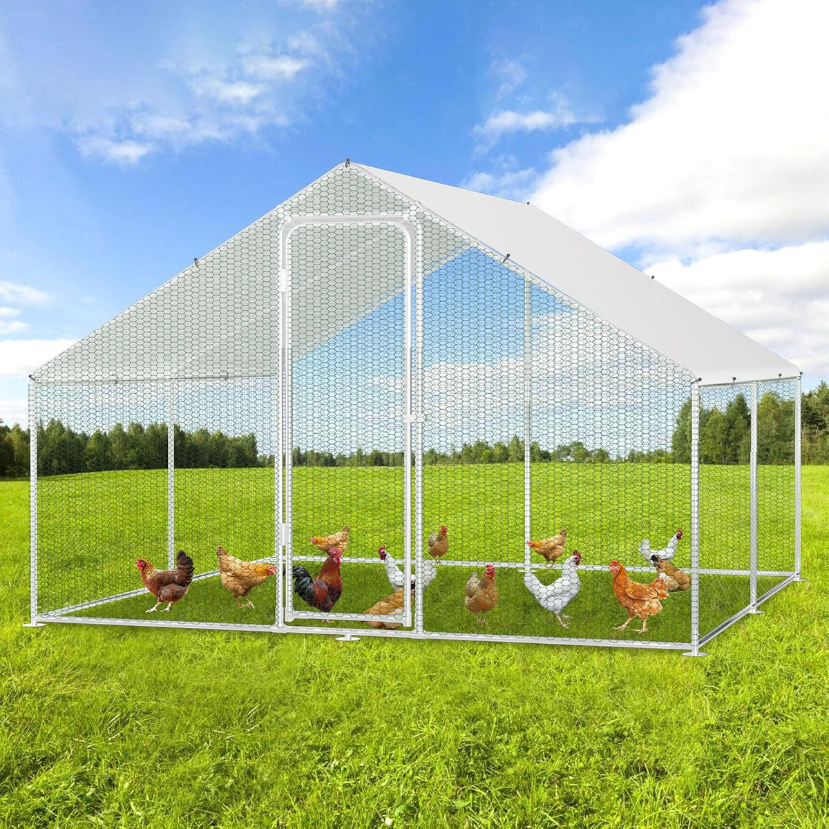 XXL Chickens with Safety Lock and Waterproof PE Tarpaulin, Plenty of Space for Chickens, Rabbits and Other Small Animals, Sturdy Steel Frame, 3 x 3 x 2 m, Red - QUORE