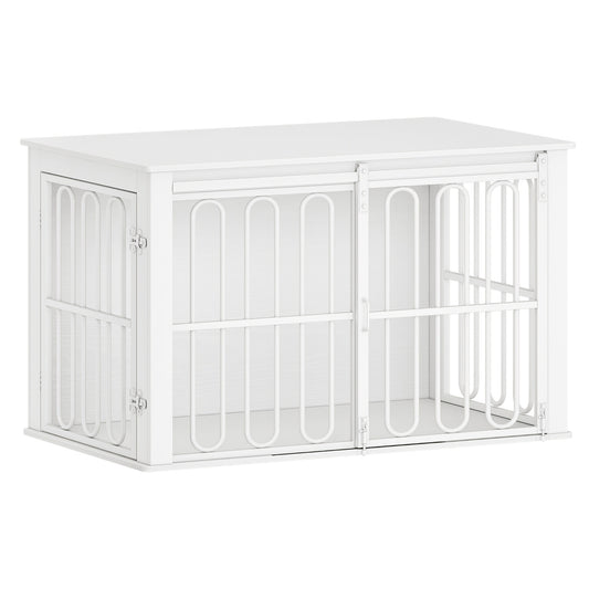 Hondenkooi – Hondenbench – Hondenhok – Dierenbench – Hondenren – Houten Hondenbench Met 3 Deuren En Schuifdeur – Geschikt Voor Kleine Tot Grote Honden – Ingebouwde Zijtafel – Wit/Bruin – 101x60,5x70 cm