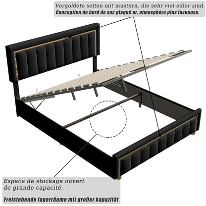 Bedframe King Size – Kingsize Bed – Tweepersoonsbed – Opbergbed – Bed Met Hoofdbord – Beige Velvet – Hydraulisch Liftmechanisme – Houten Lattenbodem