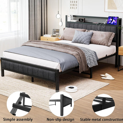 Bed met lattenbodem van metaal, bedframe met hoofdeinde en laadstation (zwart + grijs, 140x200)