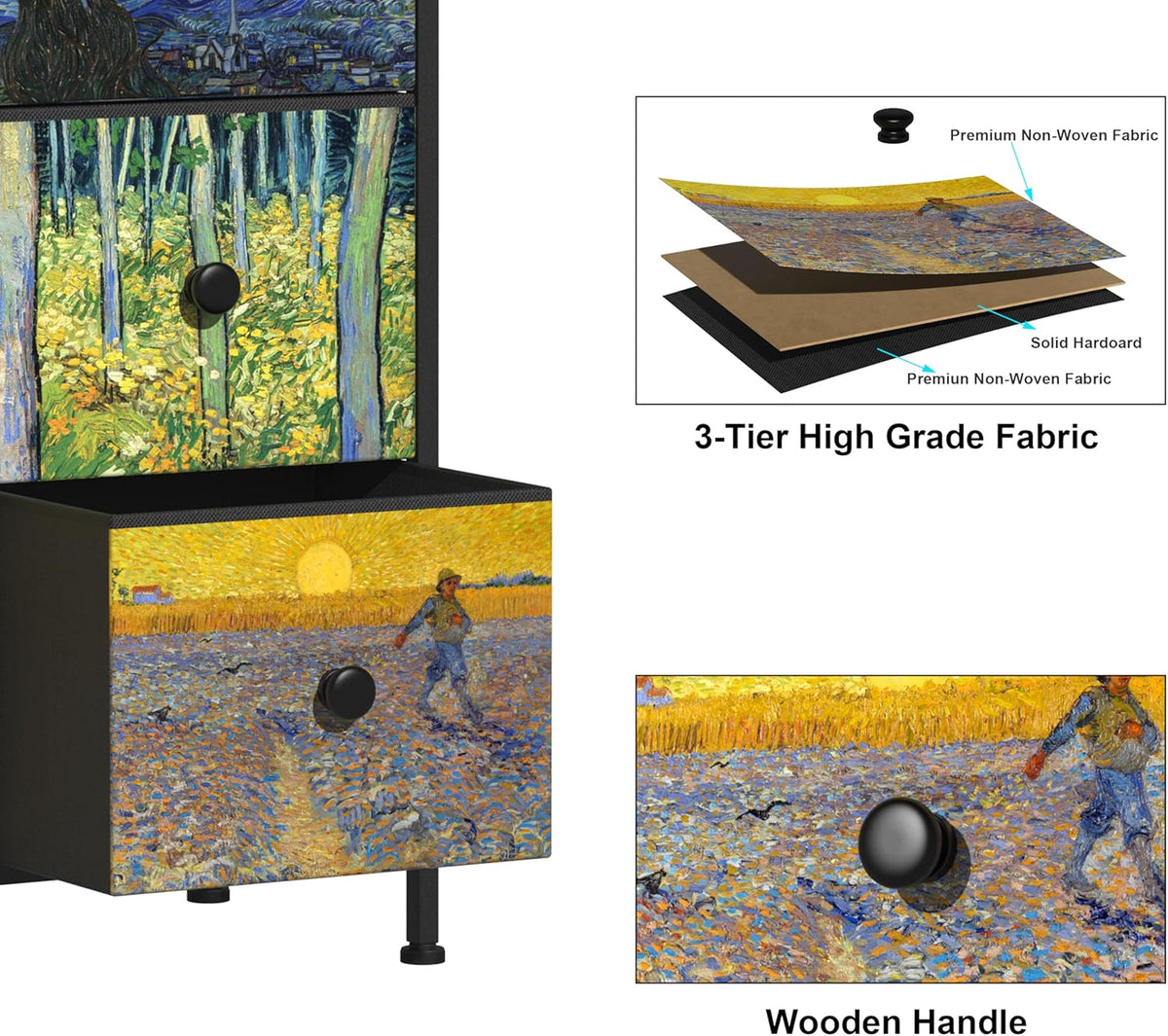 VEDECASA Commode voor slaapkamer kast met 12 laden van stof Van Gogh opbergtoren voor kast voor woonkamer kinderkamer hal kantoor metalen frame houten plaat stoffen commode