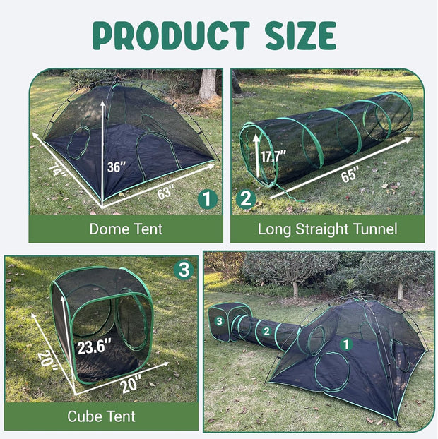 3-in-1 Kattentent - Kattenverblijf - Kattententen - draagbare Catiotent - met 1 Koepeltent - 1 Rechte Tunnel - 1 Kubus - Buitenkattenbox - voor Katten - Konijnen - Andere Dieren - Polyester - Zwart/Groen