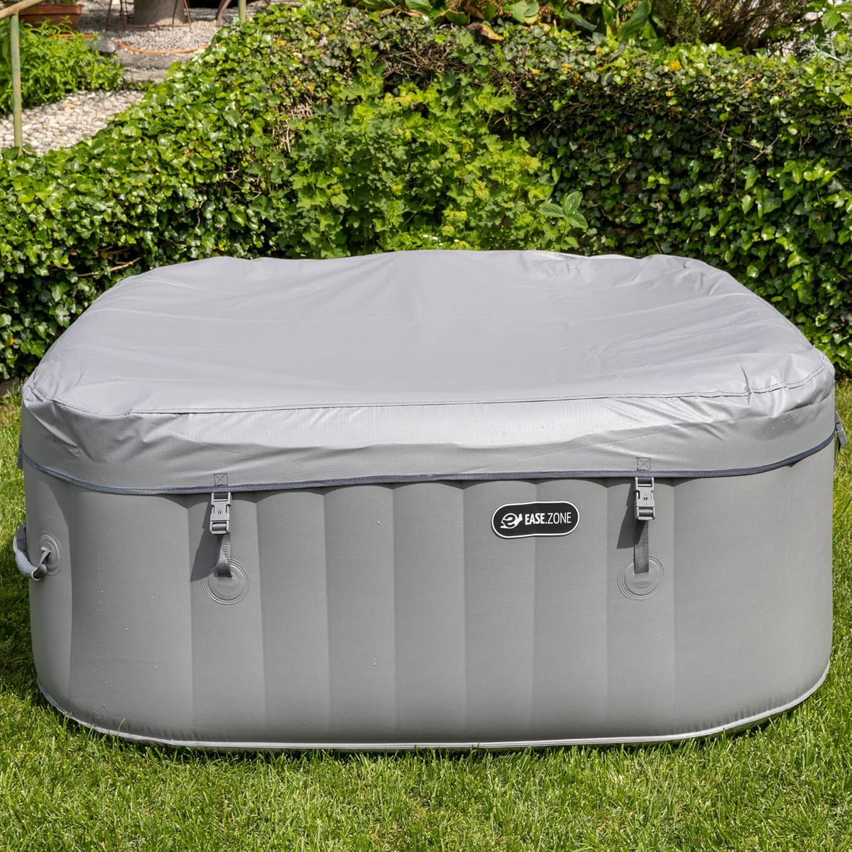 Whirlpool, opblaasbaar, vierkant, verwarmd, voor 4 personen, 145 x 145 x 65 cm, zeer stille pomp, grijs