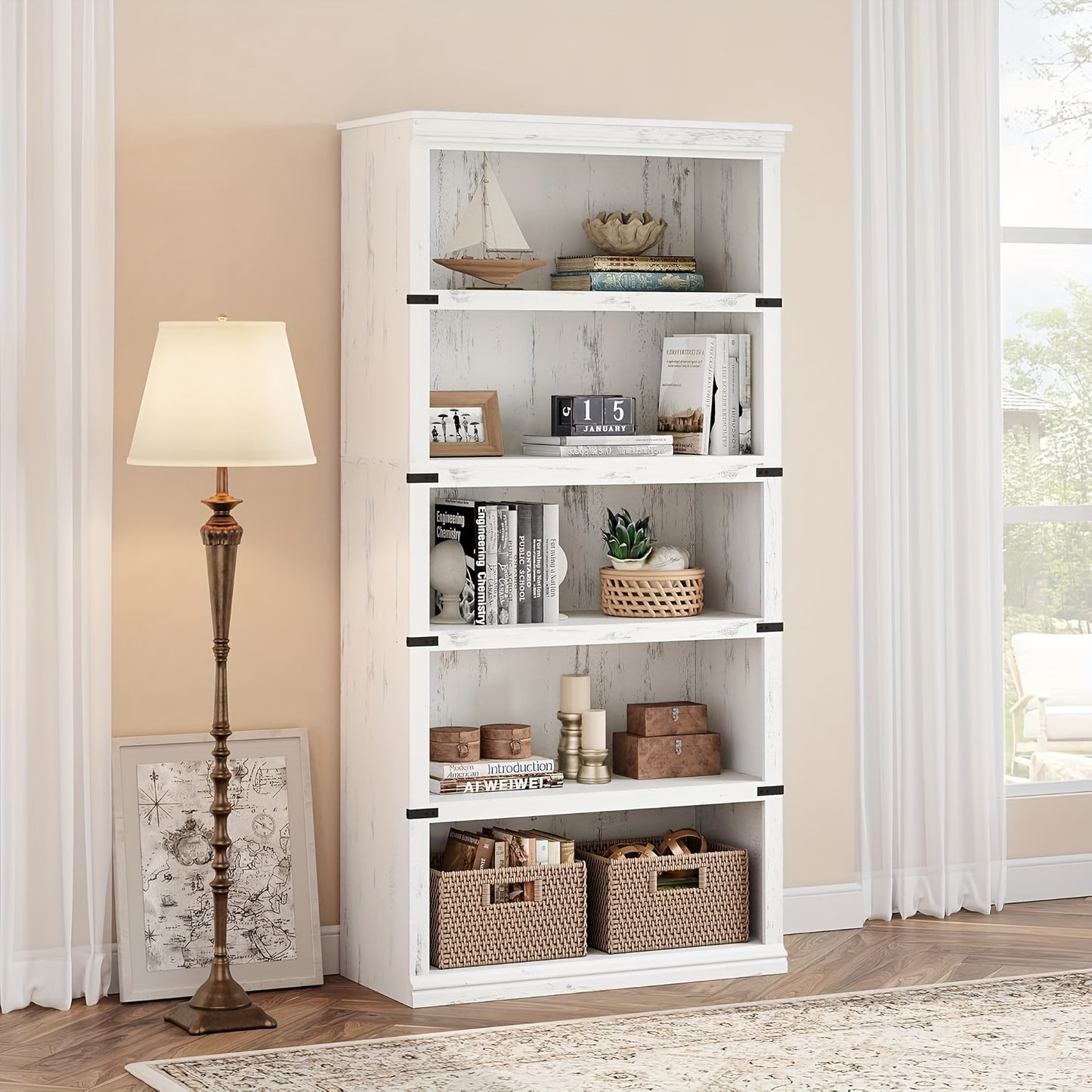 Boekenkast – Boekenrek – Boekenkast Open – Opbergkast – Wandkast – 5-laags – Wit Hout – Landelijke Stijl – Stevig A-Frame – Vrijstaand – Ruime Opbergruimte – Eenvoudige Montage